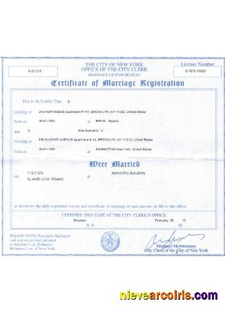 USA New York certificate of marriage registration